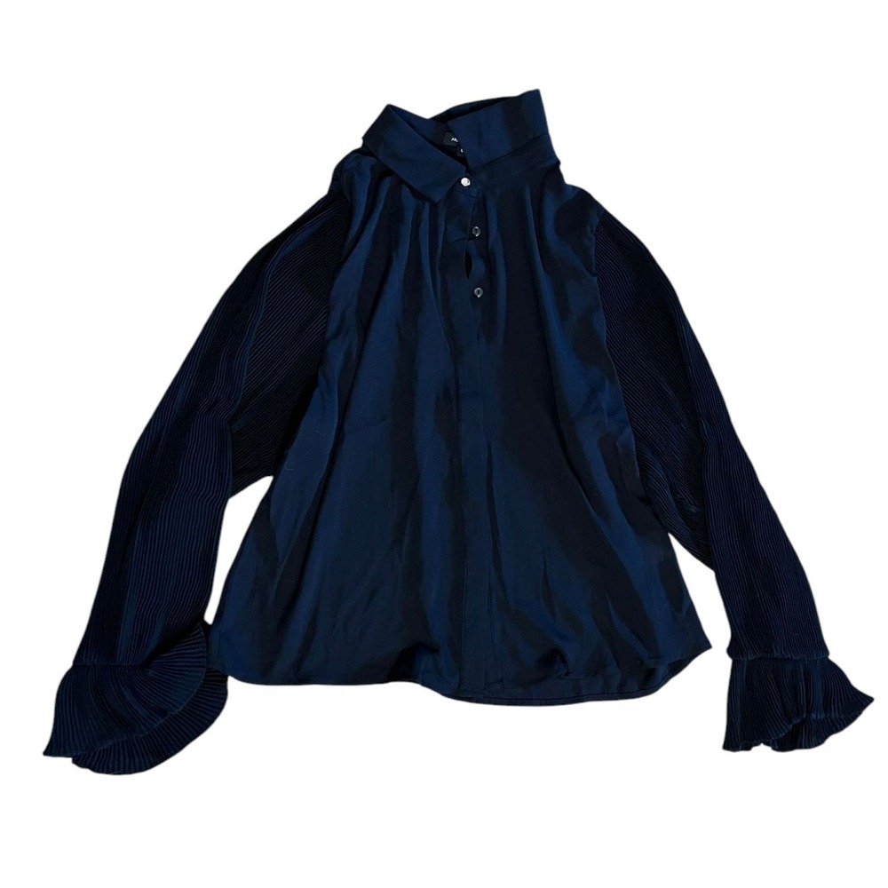 Area Stars Pleated Sleeve Blouse Ruffle Cuff Top Collared Black L